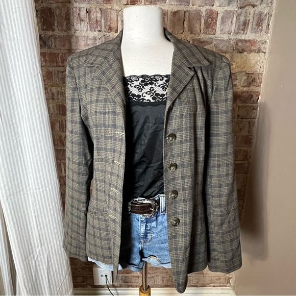 Vintage Plaid Blue & Brown Button Down Blazer -Size 12 -BC01 - Picture 1 of 9